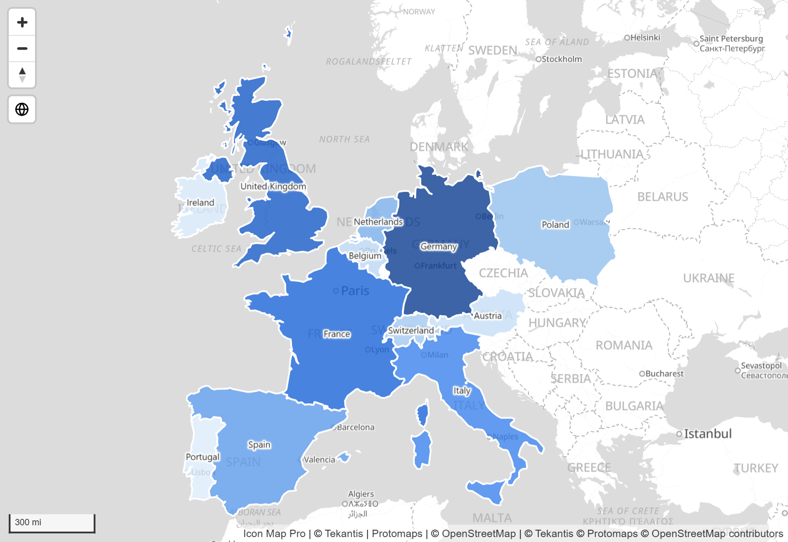 Sales territories drawn as colored polygons from WKT text held in the data