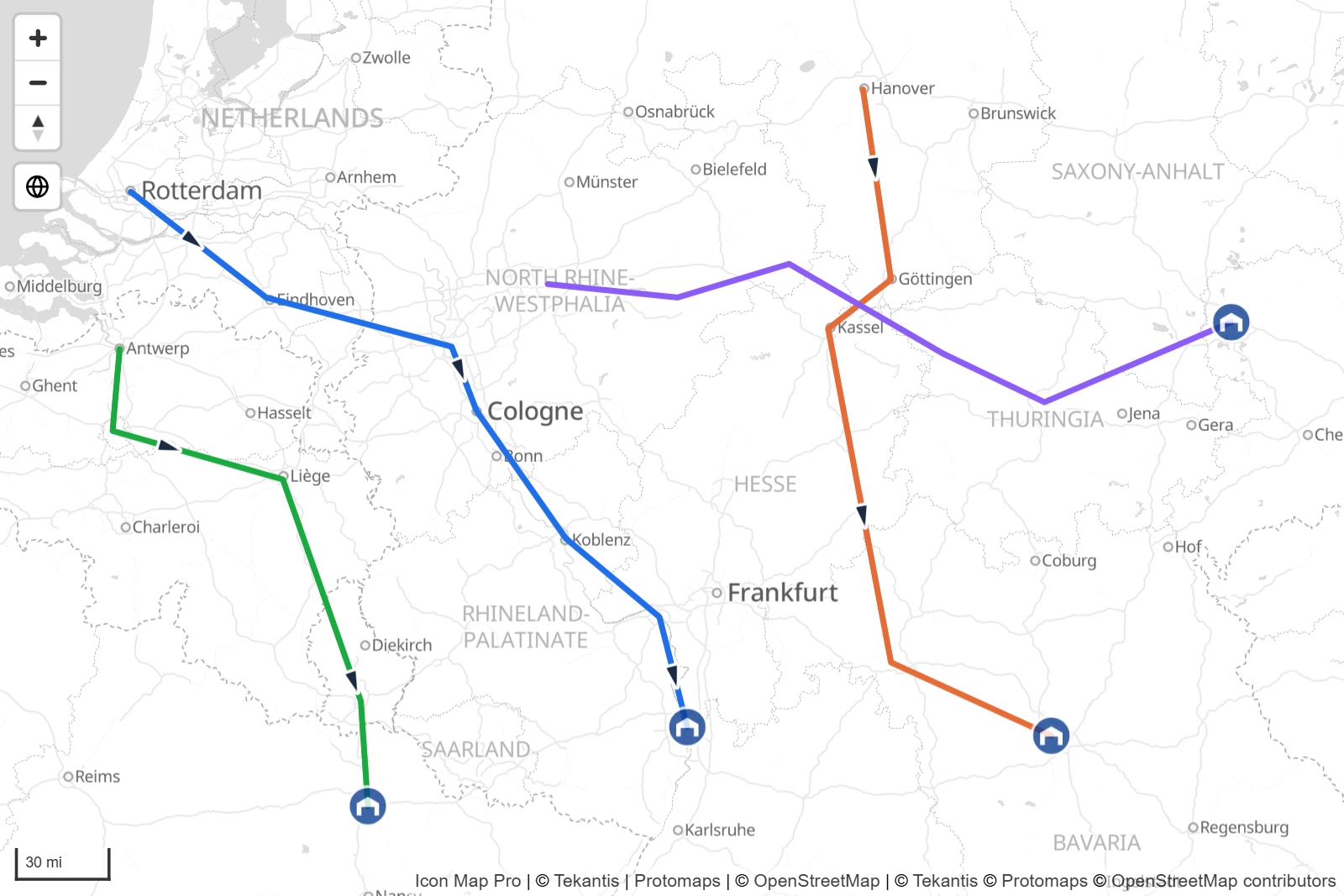 Lines drawn from WKT with direction arrows and an icon at each end