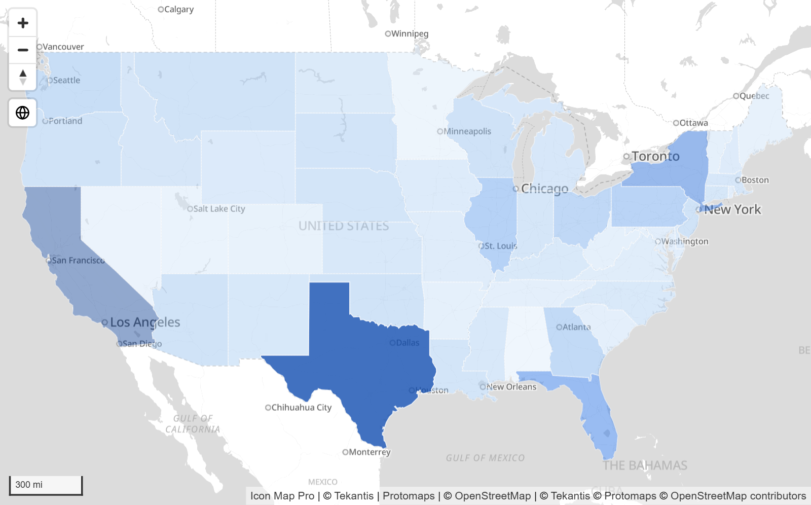 Regions colored from light to dark blue by a measure, with one region selected