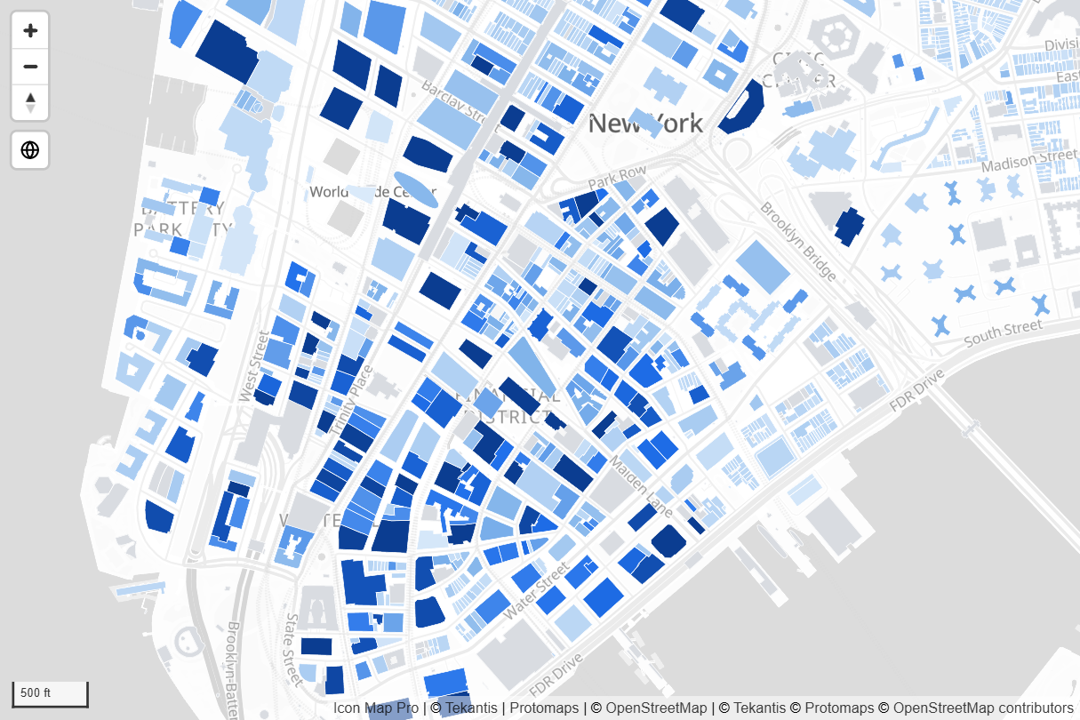Thousands of building footprints colored by a measure, drawn from vector tiles, with unmatched buildings in gray