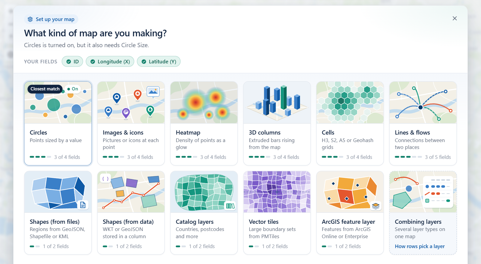 The layer guide over the map, titled What kind of map are you making, with a tile for each layer type