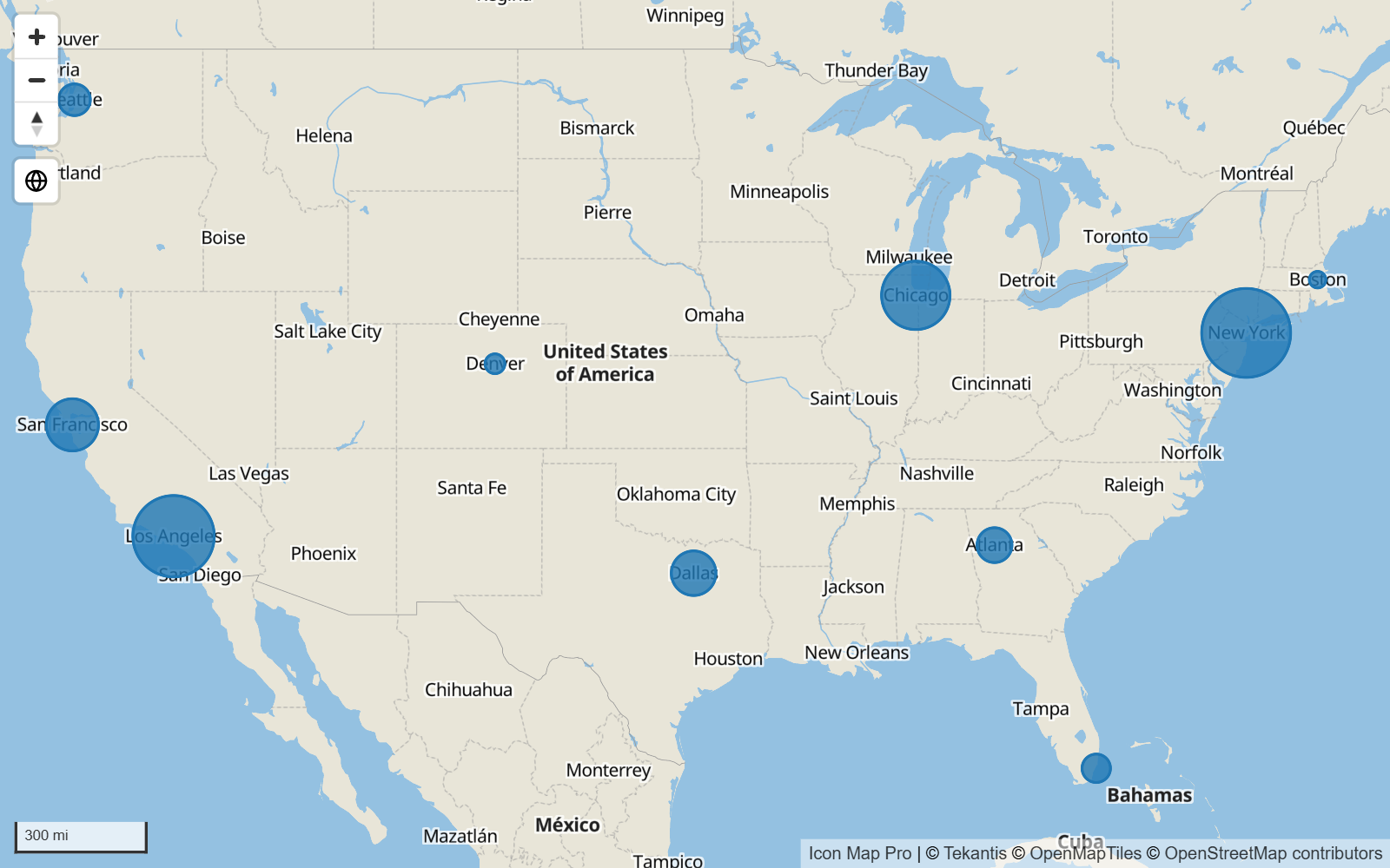 Ten circles of different sizes over the United States on the default basemap