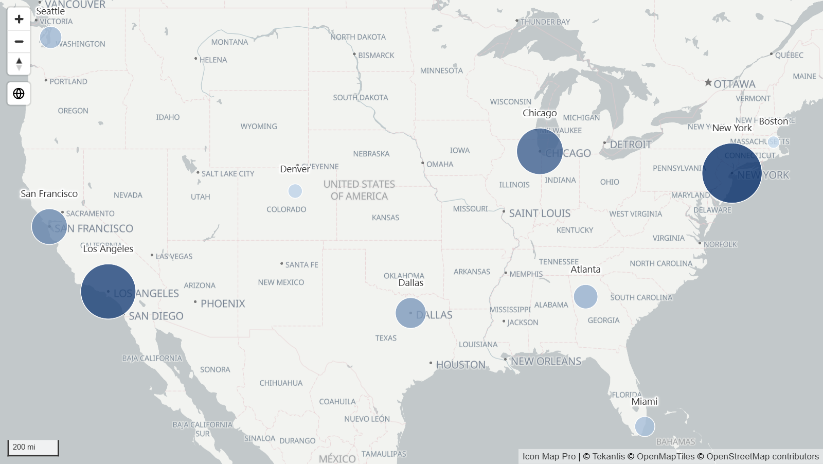 The finished map: ten US cities drawn as circles sized and colored by sales, each labeled with its city name, on a light basemap