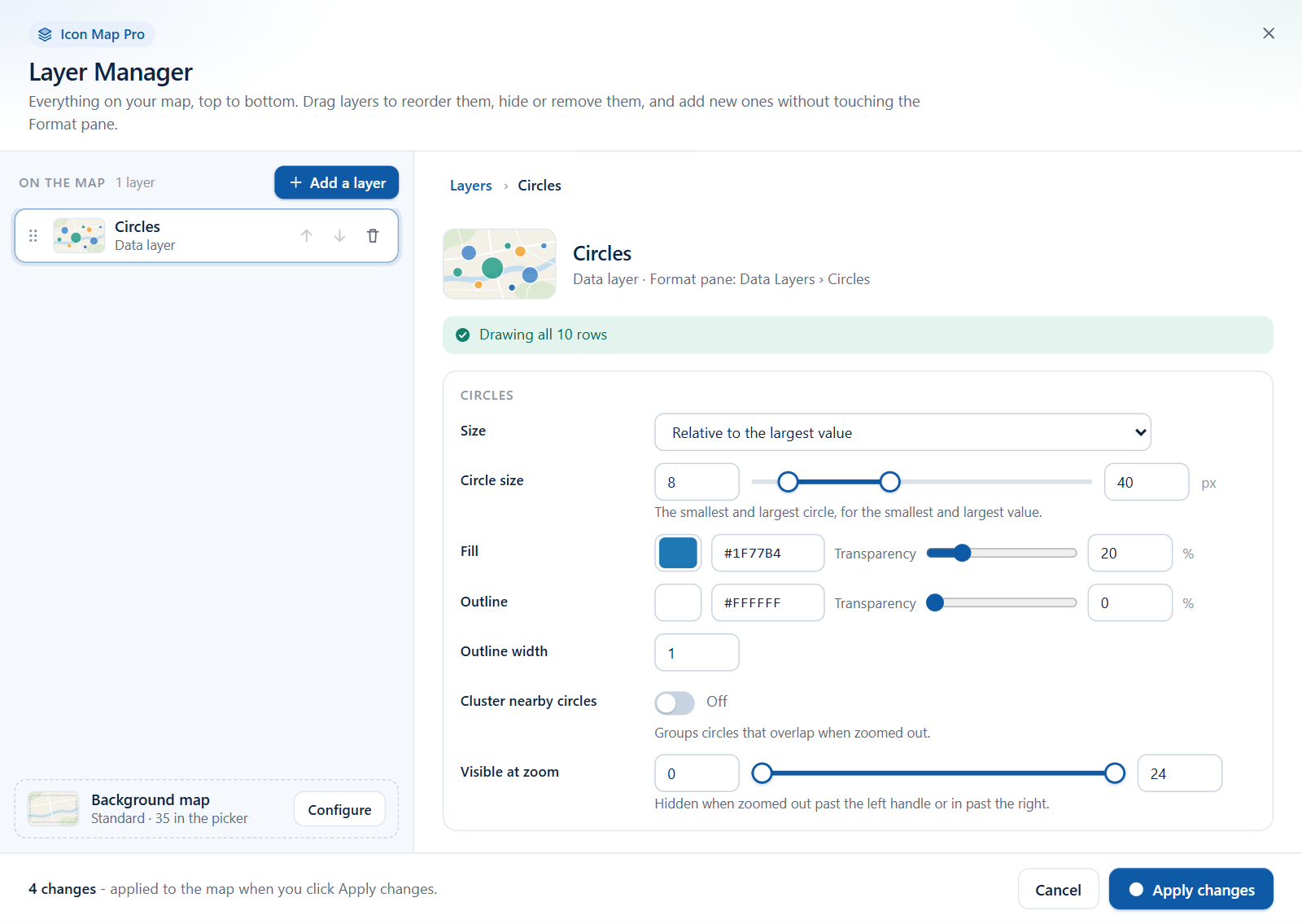 The Layer Manager with the Circles editor open, showing Size, Circle size, Fill, Outline and Outline width
