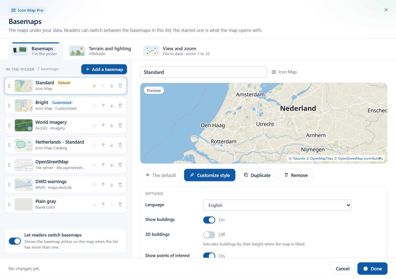 The Basemaps dialog with a list of basemaps on the left and a preview on the right
