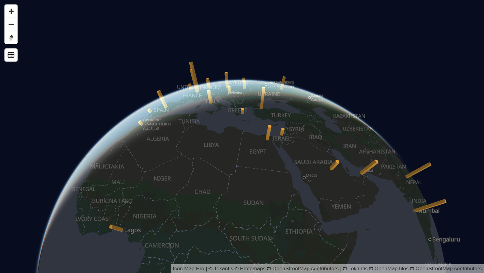 A map in globe view with 3D columns rising from cities
