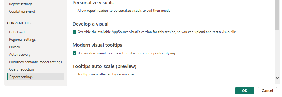 Power BI Desktop report settings with the override option under Develop a visual turned on