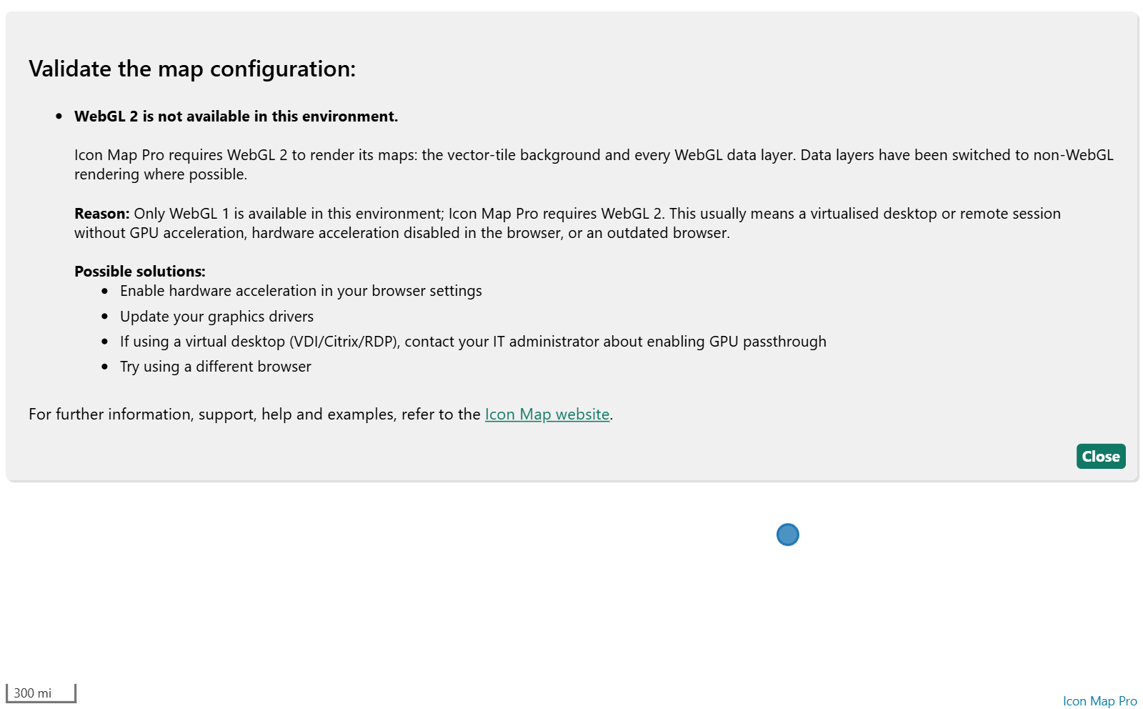 The message shown on the map when WebGL 2 is not available, with its list of possible solutions