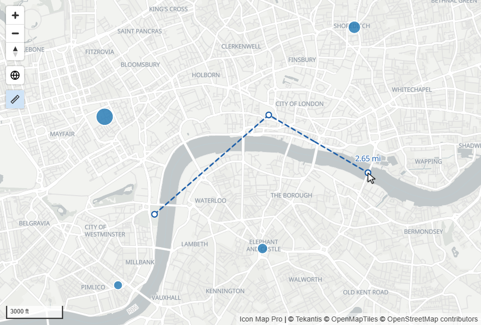 A measured path of three points drawn on the map with the total distance shown in a label at the end