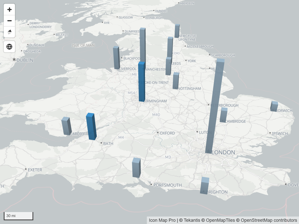 A tilted map of 3D columns where two selected columns keep their color and the others have turned gray