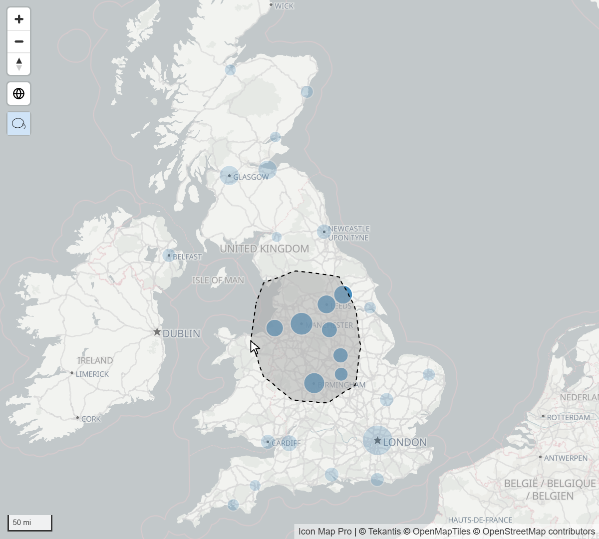 A freehand lasso shape drawn over part of a map, with the circles inside it selected and the others faded