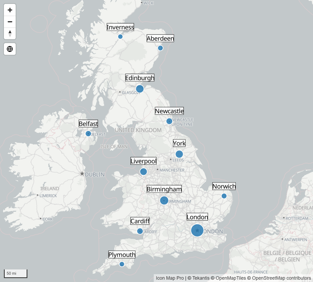Circles on a map, each with a text label on a white container beside it