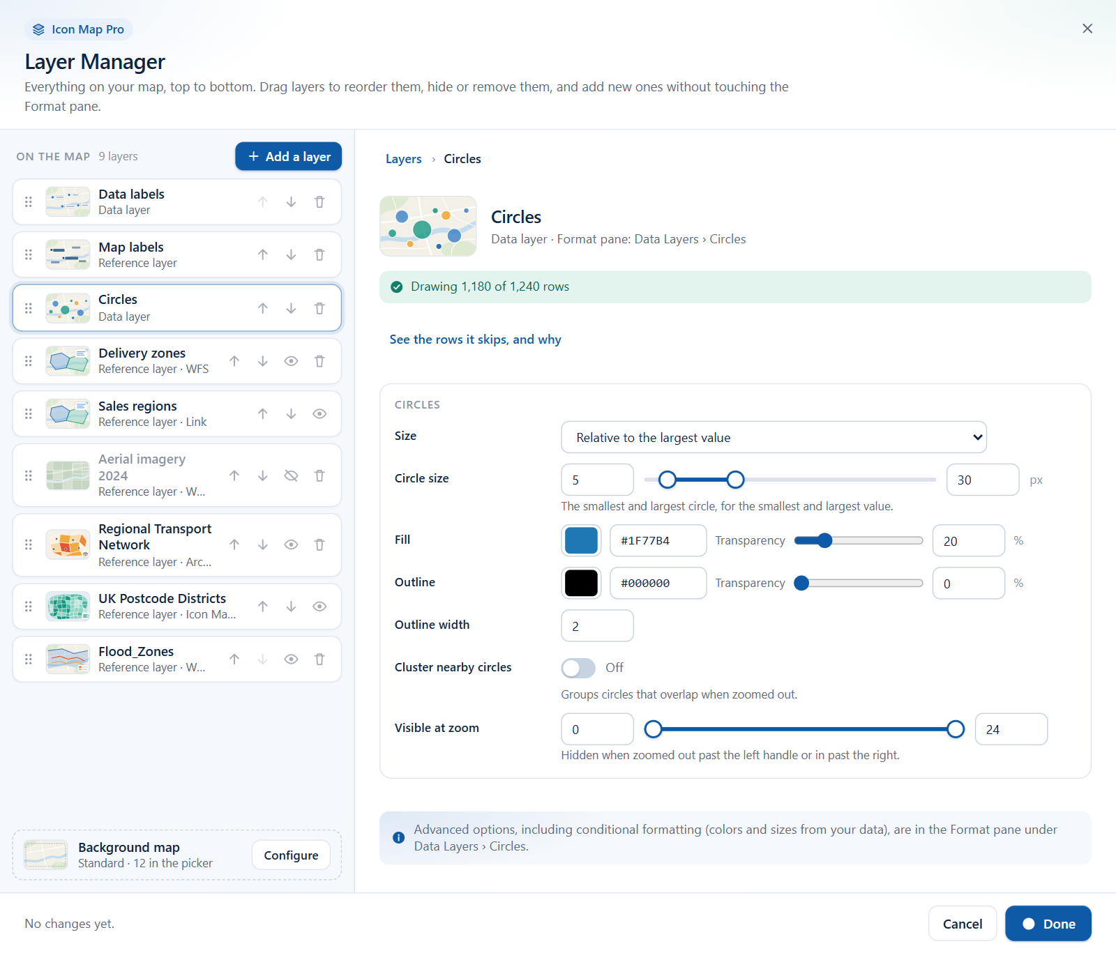 The editor for a Circles layer, with size, fill, outline, clustering and zoom fields
