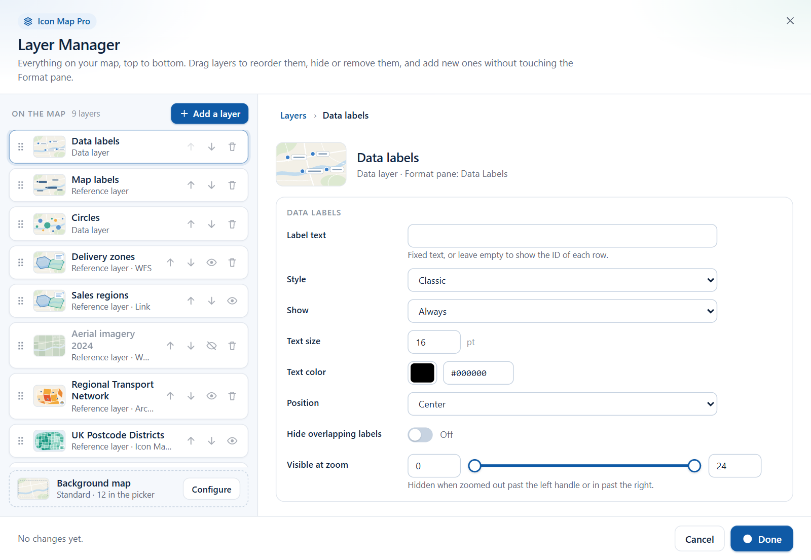 The editor for data labels, with label text, style, when to show, size, color, position and zoom fields