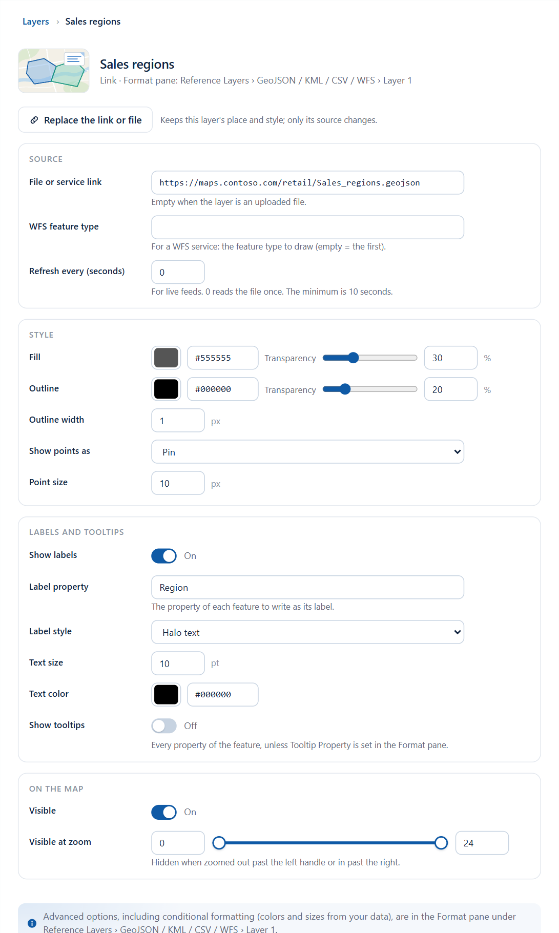 The editor for a Files and feeds layer, with the Replace the link or file button above the Source, Style, Labels and tooltips, and On the map sections