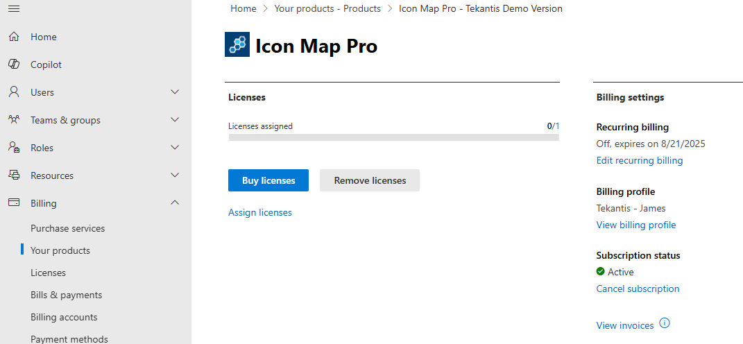 The products section of the Microsoft 365 admin center with the Cancel subscription button