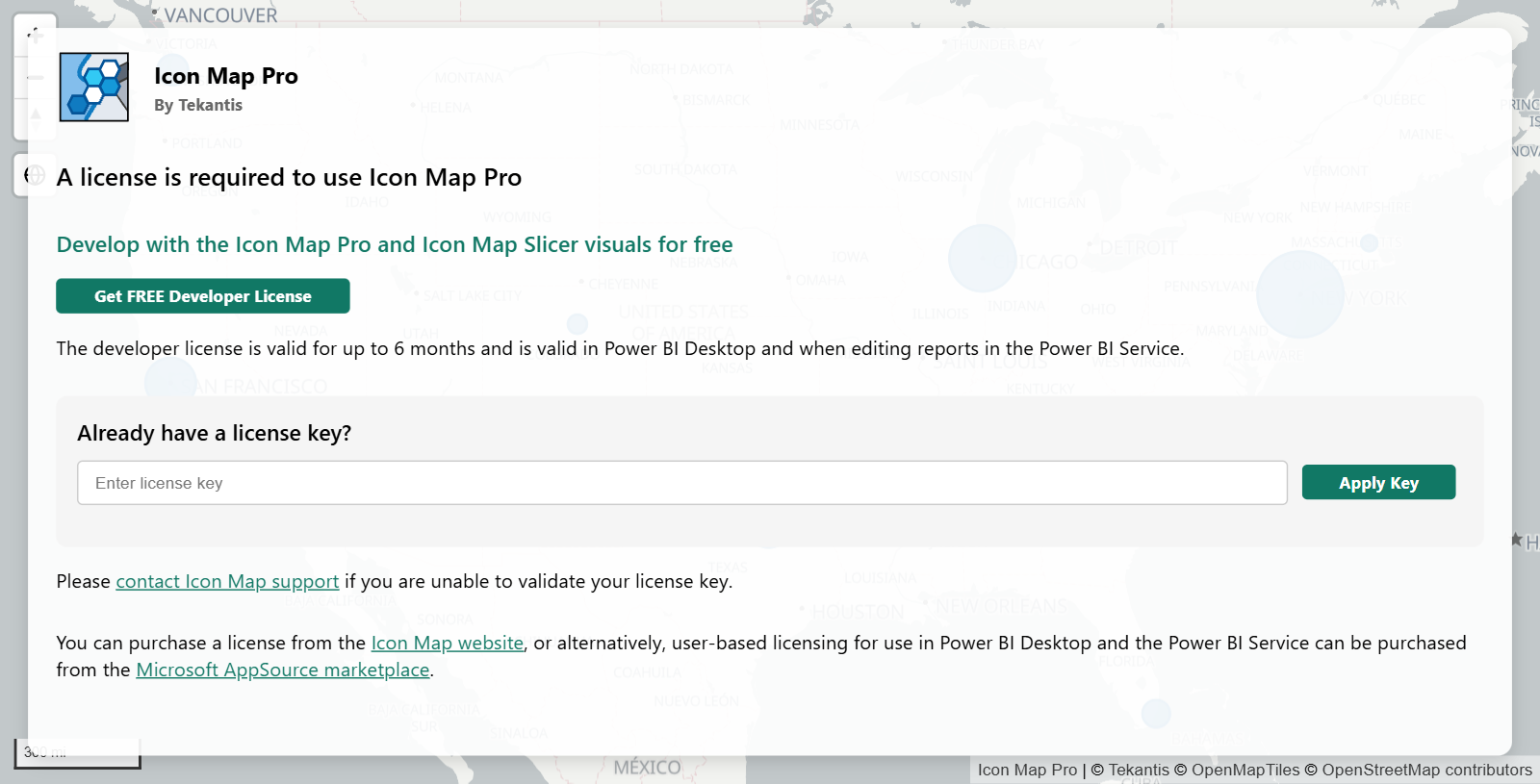 The license message on an unlicensed map while editing, with the Get FREE Developer License button and the box for an existing license key