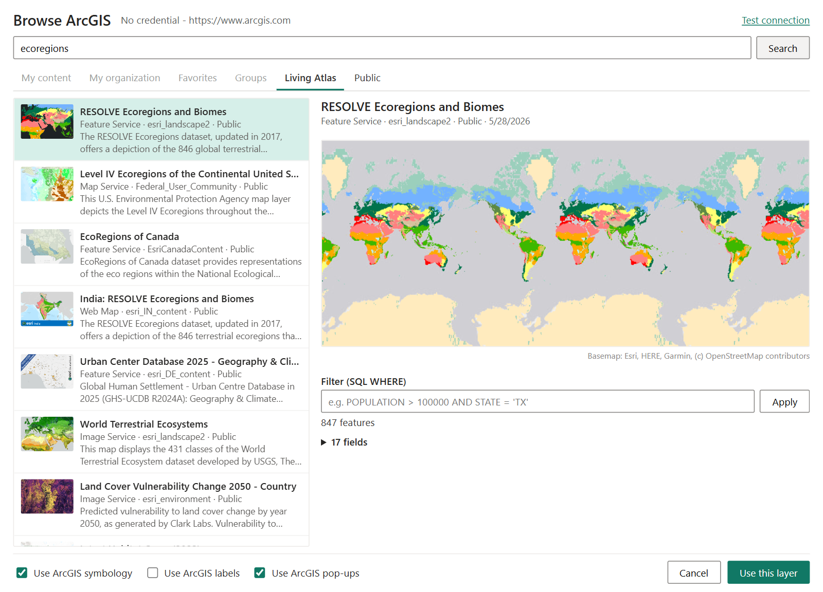 The Browse ArcGIS window with the tabs, a result list on the left and a preview of the selected feature layer on the right
