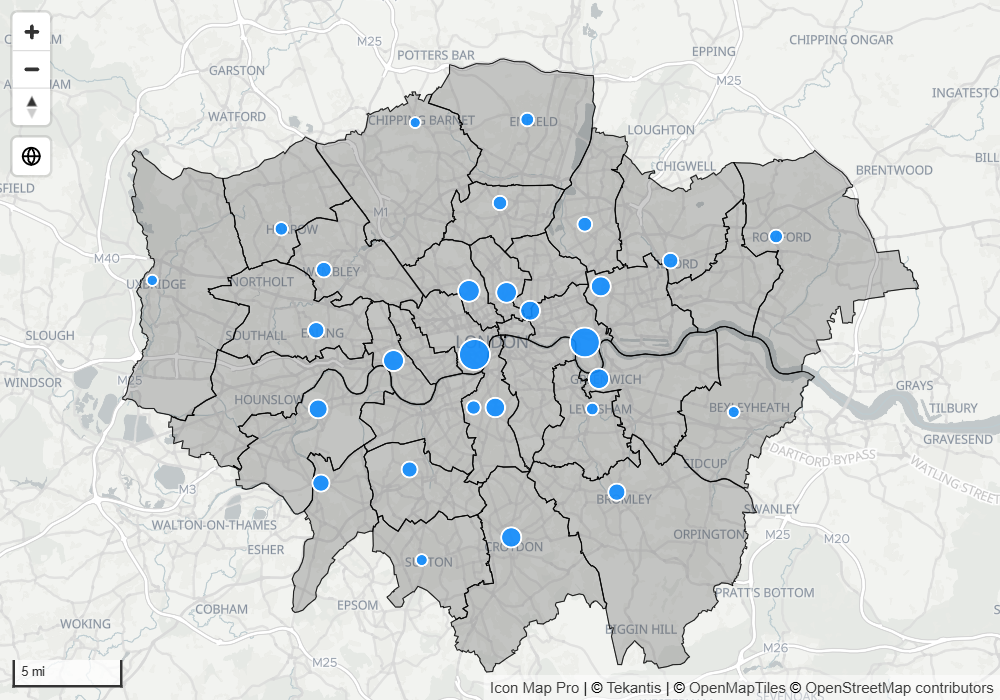 An ArcGIS feature layer of district boundaries drawn with a gray fill and dark outline under circles from the report's data