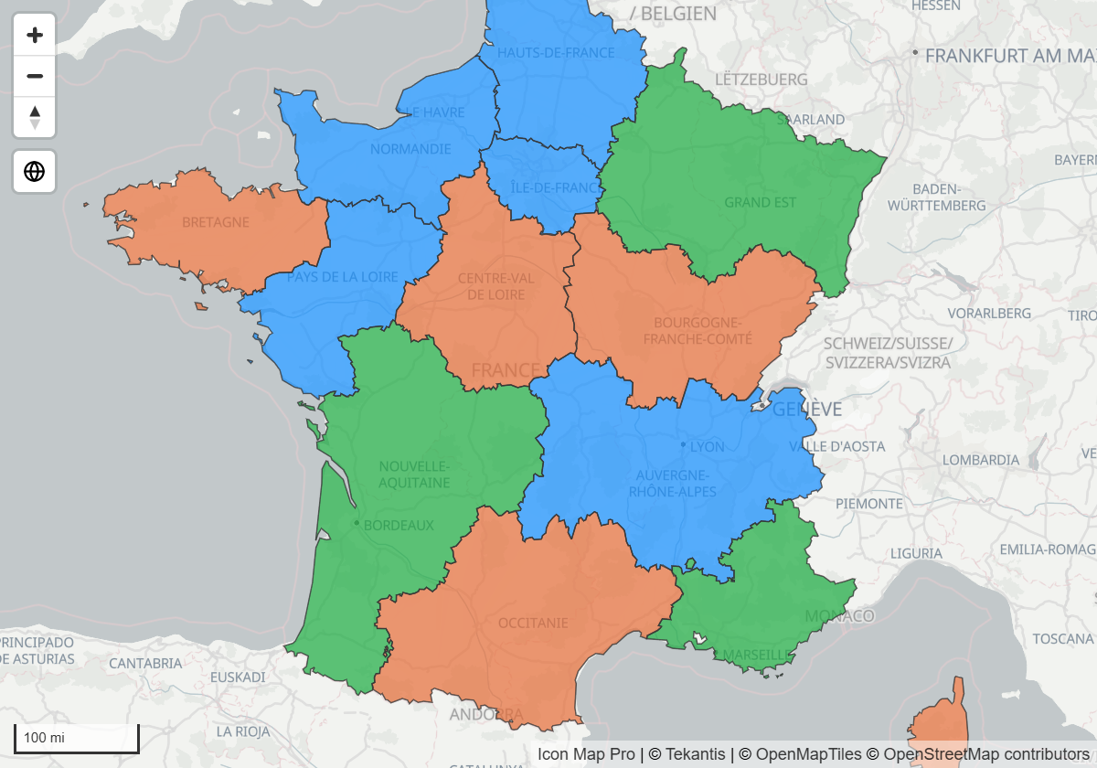 A file layer with polygons colored by a category property, one color per region type