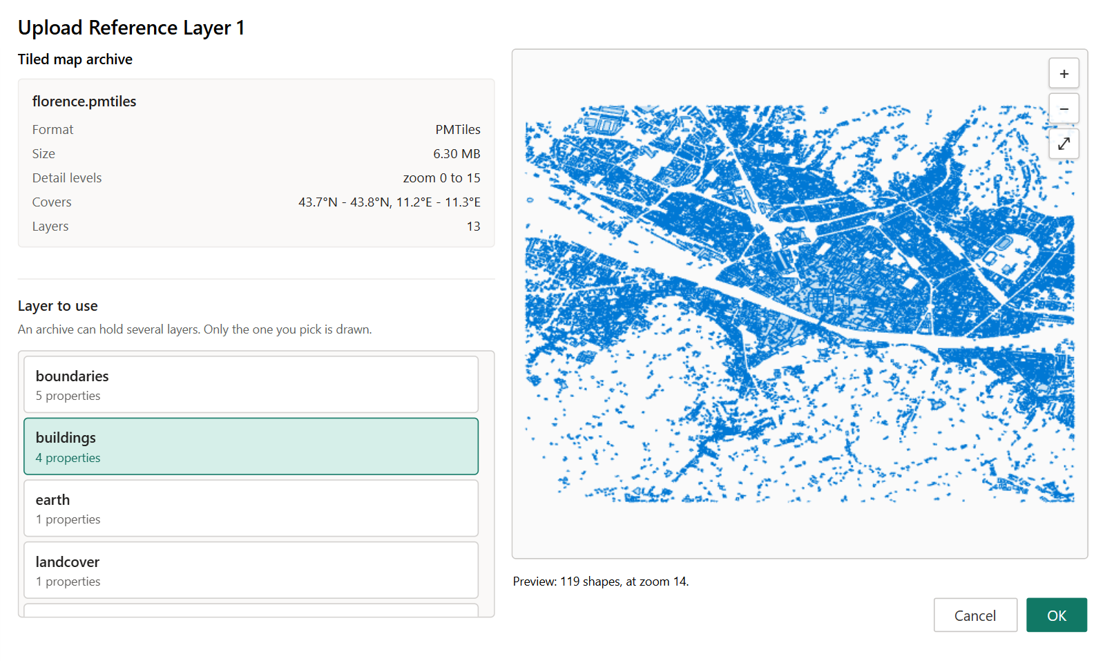 The upload window showing the details of a PMTiles archive and the Layer to use list