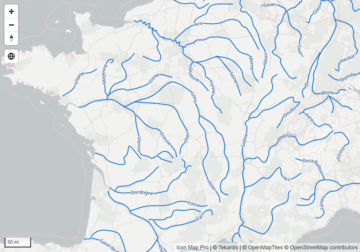 A river network from a file with each river's name curving along its line