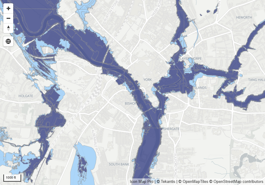 A WMS layer of flood zones drawn over the basemap