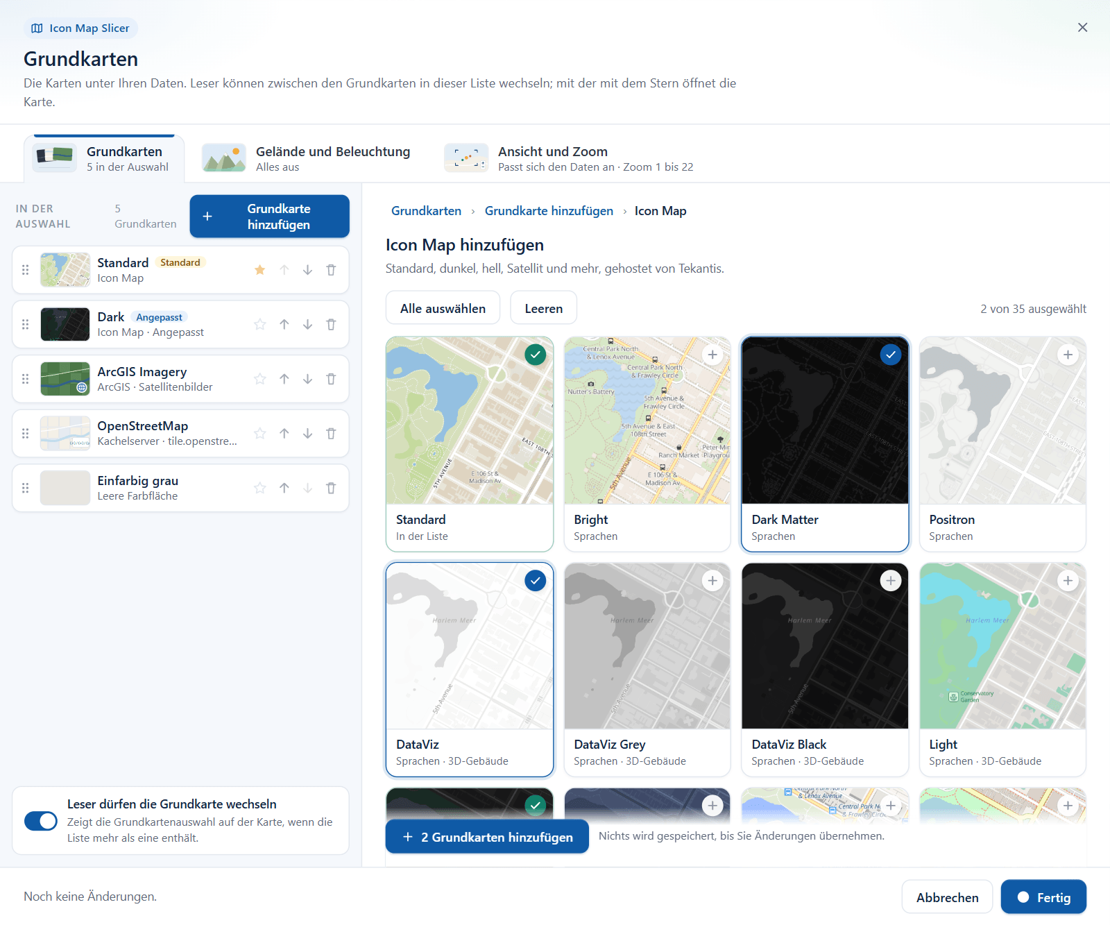 Die Icon Map-Galerie mit zwei markierten Stilen und der Schaltfläche 2 Grundkarten hinzufügen