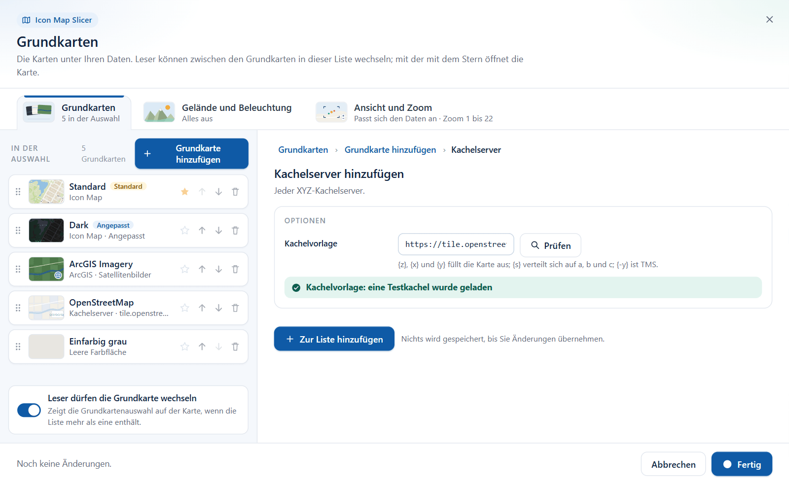 Das Formular Kachelserver im Grundkarten-Dialog nach einer erfolgreichen Prüfung