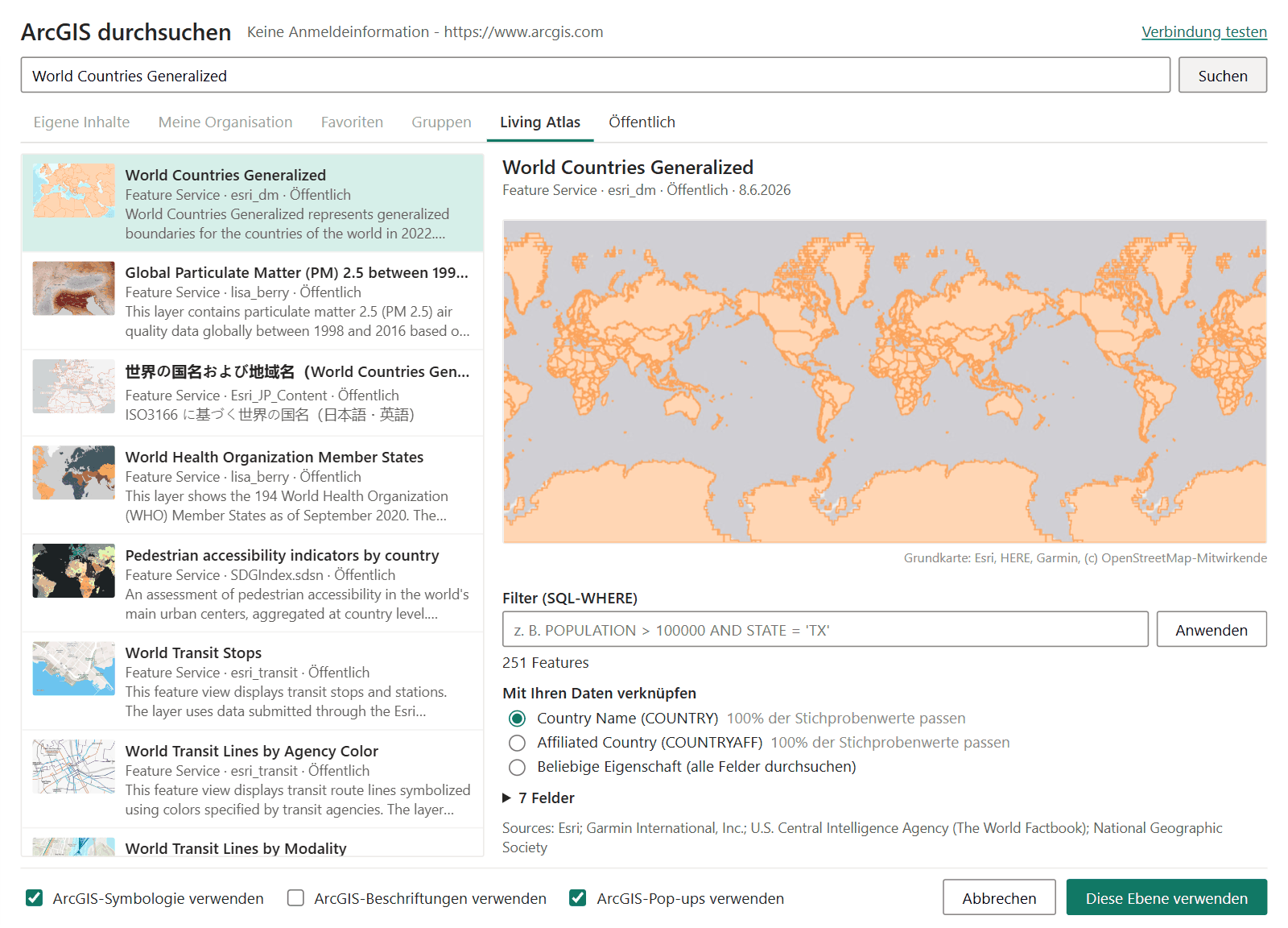ArcGIS durchsuchen mit der Vorschau eines Feature-Layers und der Liste Mit Ihren Daten verknüpfen, die für jedes Feld den Prozentsatz der Übereinstimmung zeigt