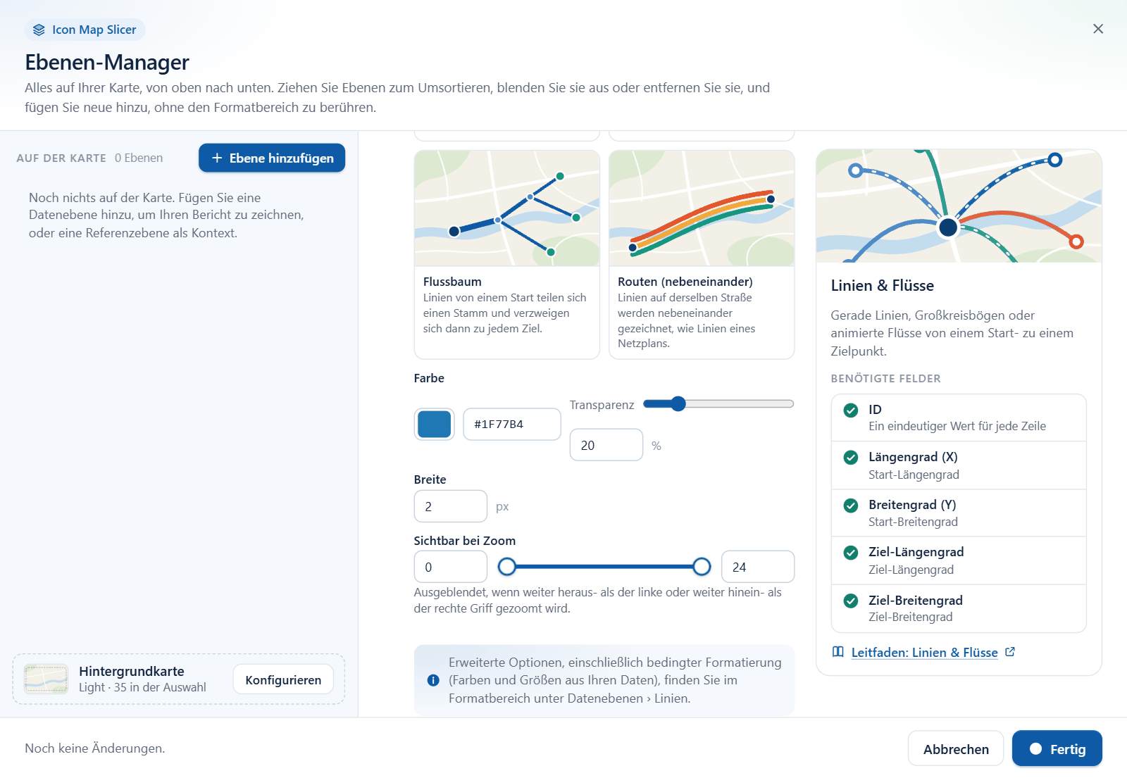 Der Assistent zum Hinzufügen im Ebenen-Manager für Linien und Flüsse, mit den Optionen Farbe, Breite und Sichtbar bei Zoom und der Liste der Felder, die die Ebene benötigt