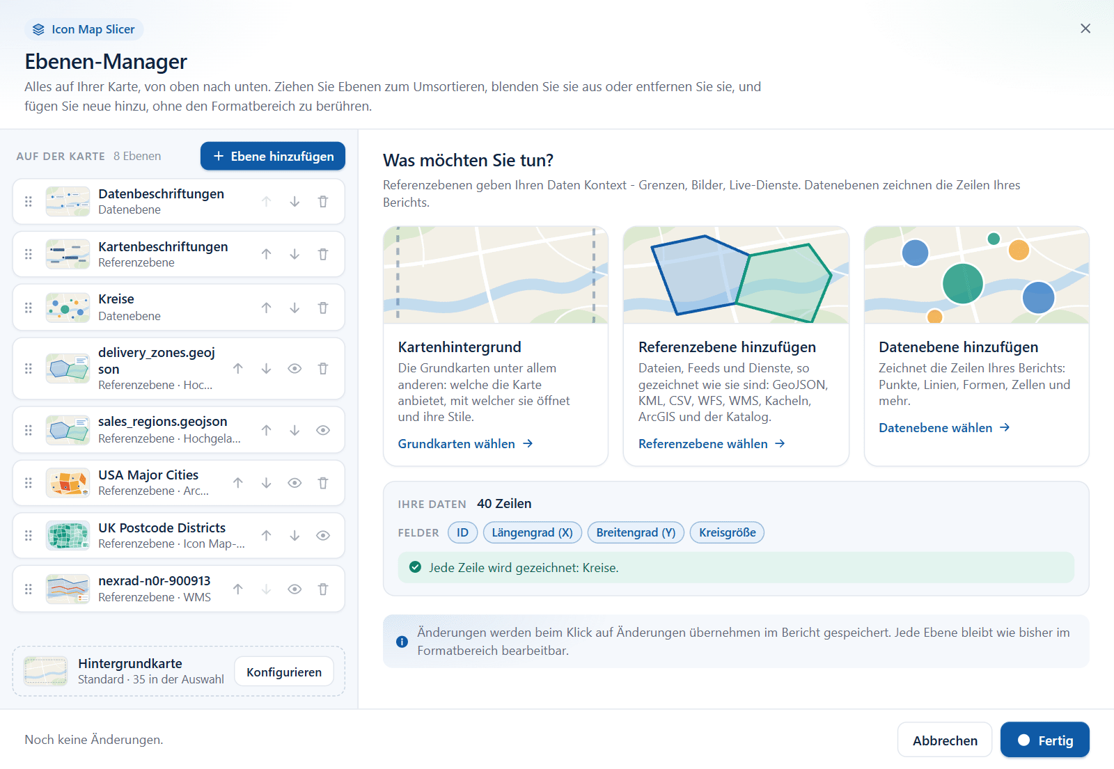 Der Dialog Ebenen-Manager mit der Liste der Ebenen einer Karte und der Startansicht, die das Hinzufügen einer Referenzebene oder einer Datenebene anbietet