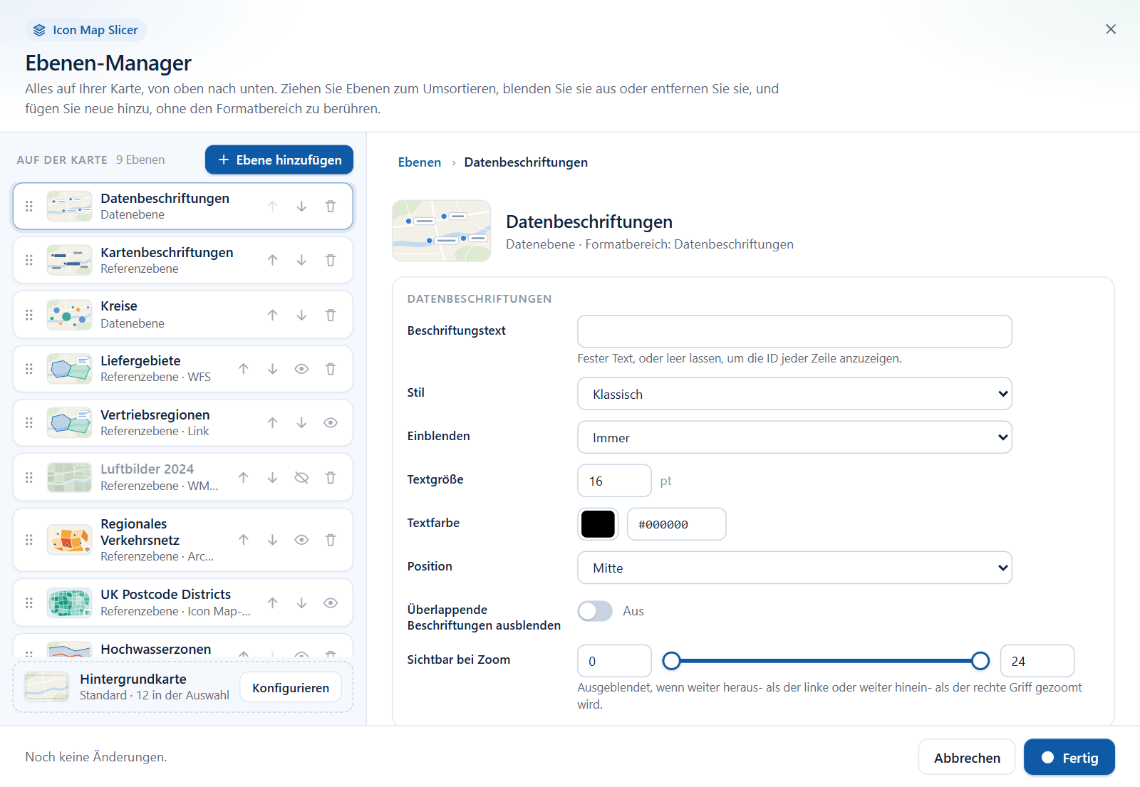 Der Ebenen-Manager mit ausgewählter Zeile Datenbeschriftungen und dem geöffneten Editor rechts