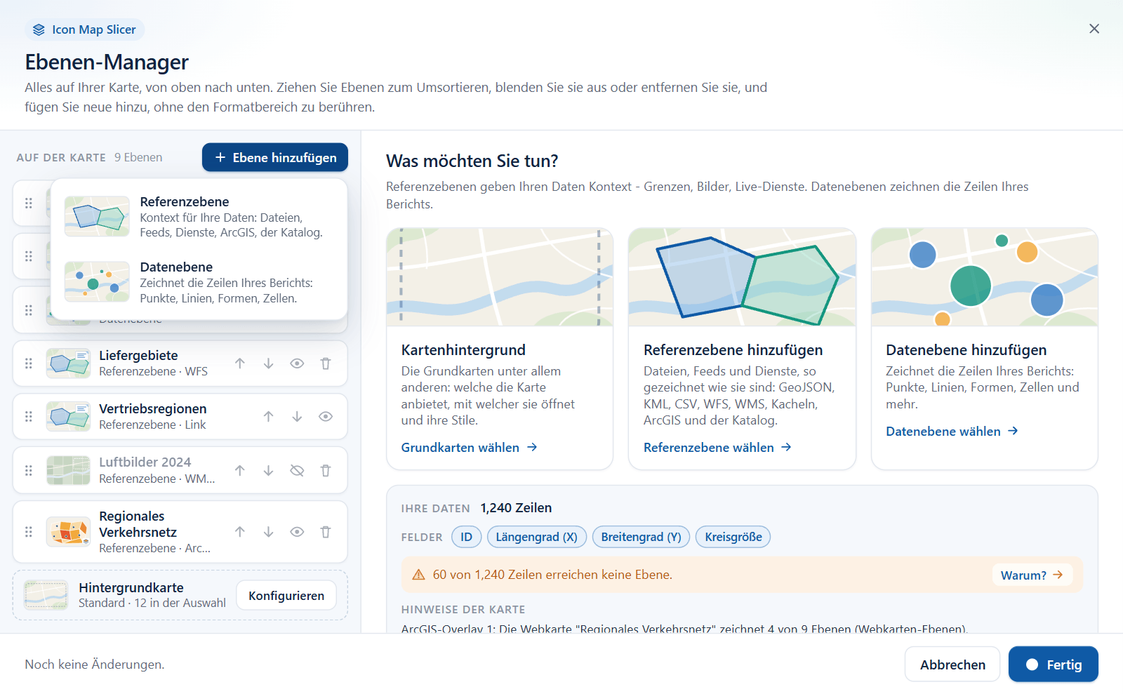 Das geöffnete Menü Ebene hinzufügen mit Referenzebene und Datenebene