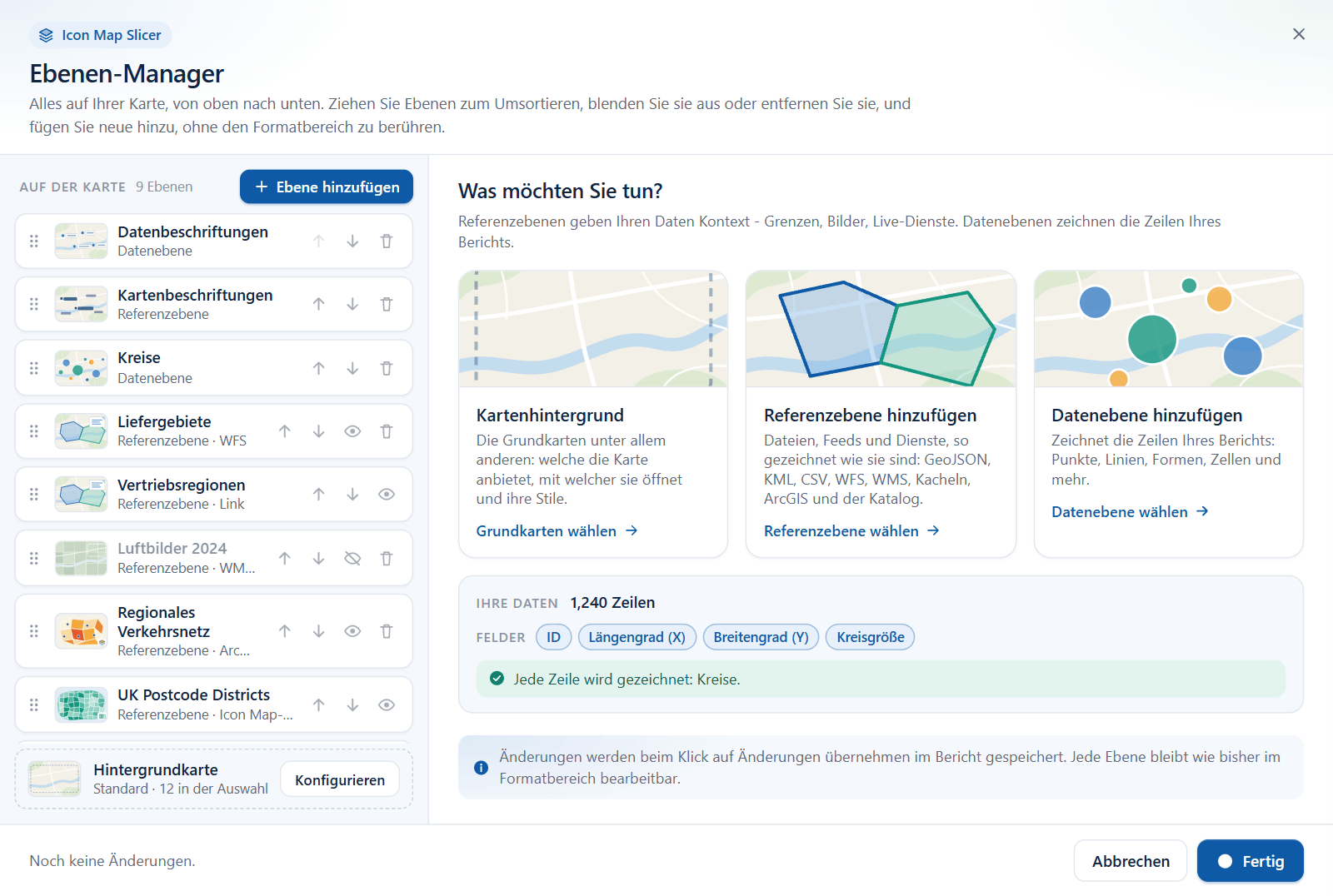Der Bereich Ihre Daten in der Startansicht des Ebenen-Managers mit der Zeilenanzahl, den Feldern im Visual und der Statuszeile