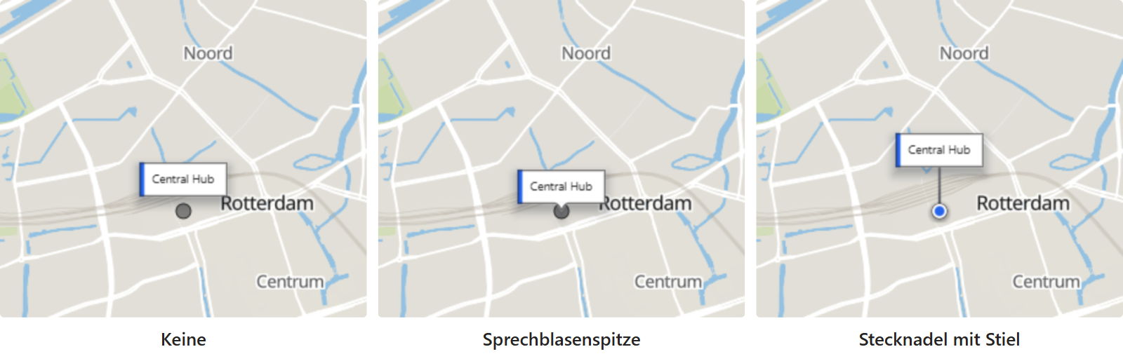 Drei Beschriftungskarten an Punkt-Features: eine ohne Zeiger, eine mit Sprechblasenspitze und eine auf einer Stecknadel mit Stiel