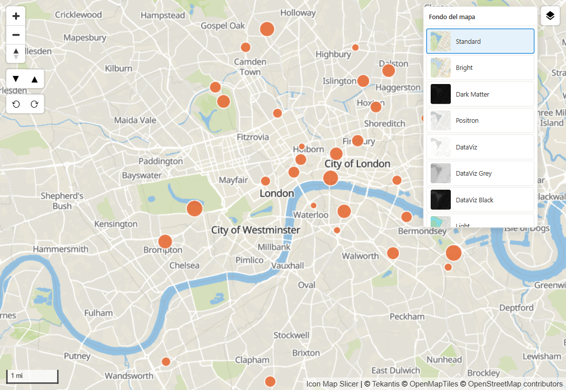 Un mapa con el panel Fondo del mapa abierto, que muestra la lista de estilos de Icon Map