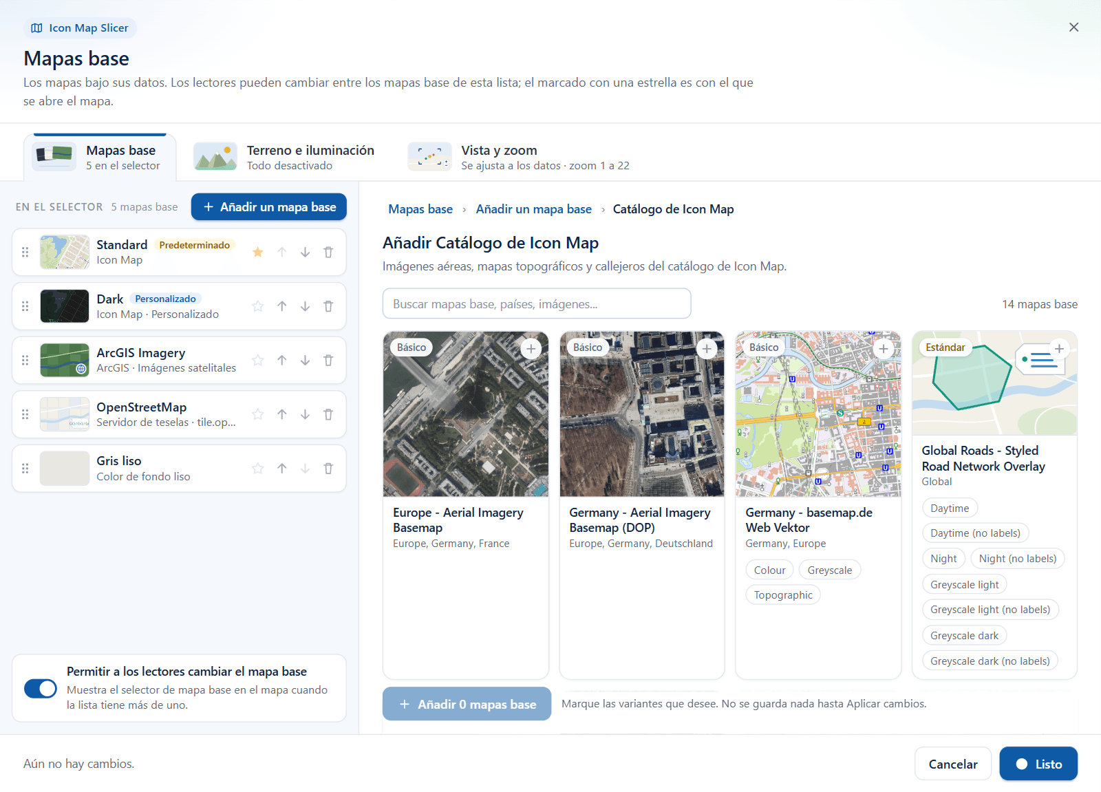 La galería del catálogo de Icon Map con un cuadro de búsqueda, distintivos de nivel y fichas de variantes