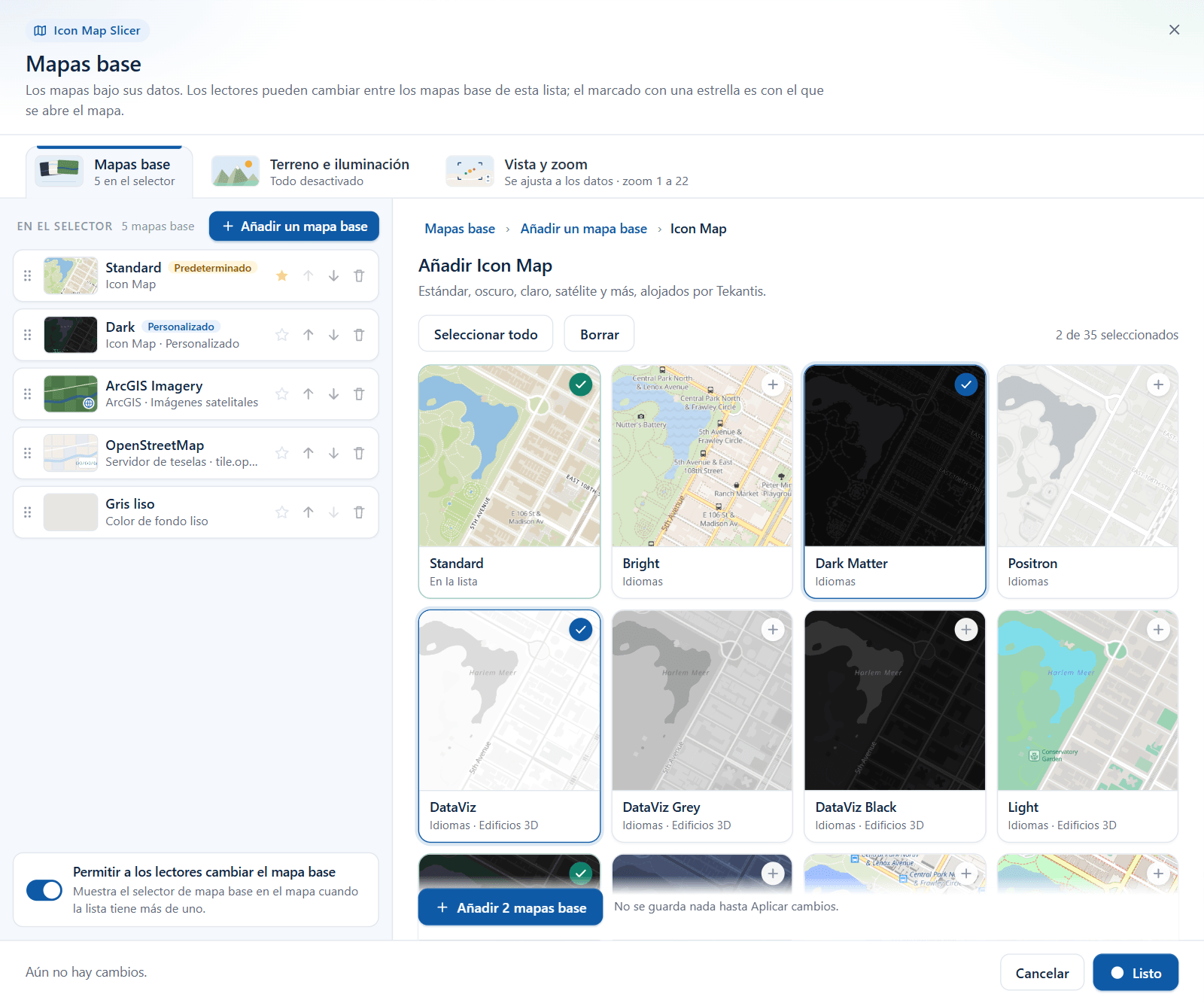 La galería de Icon Map con dos estilos marcados y el botón Añadir 2 mapas base