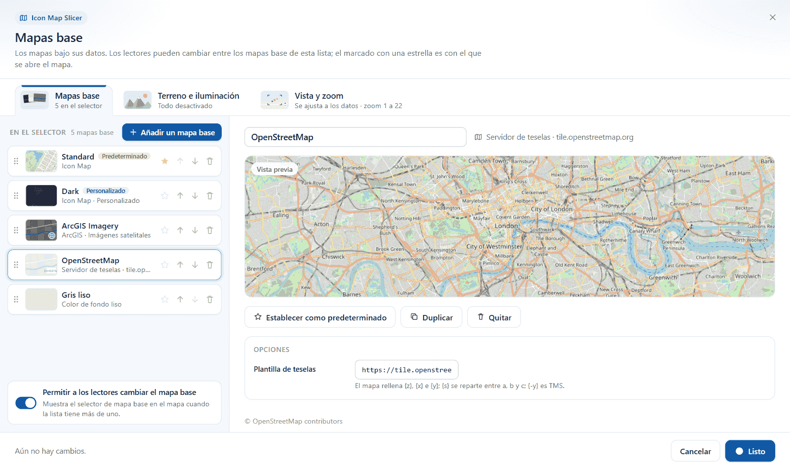 El cuadro de diálogo Mapas base: la lista de mapas base a la izquierda, la vista previa y las opciones del mapa base seleccionado a la derecha