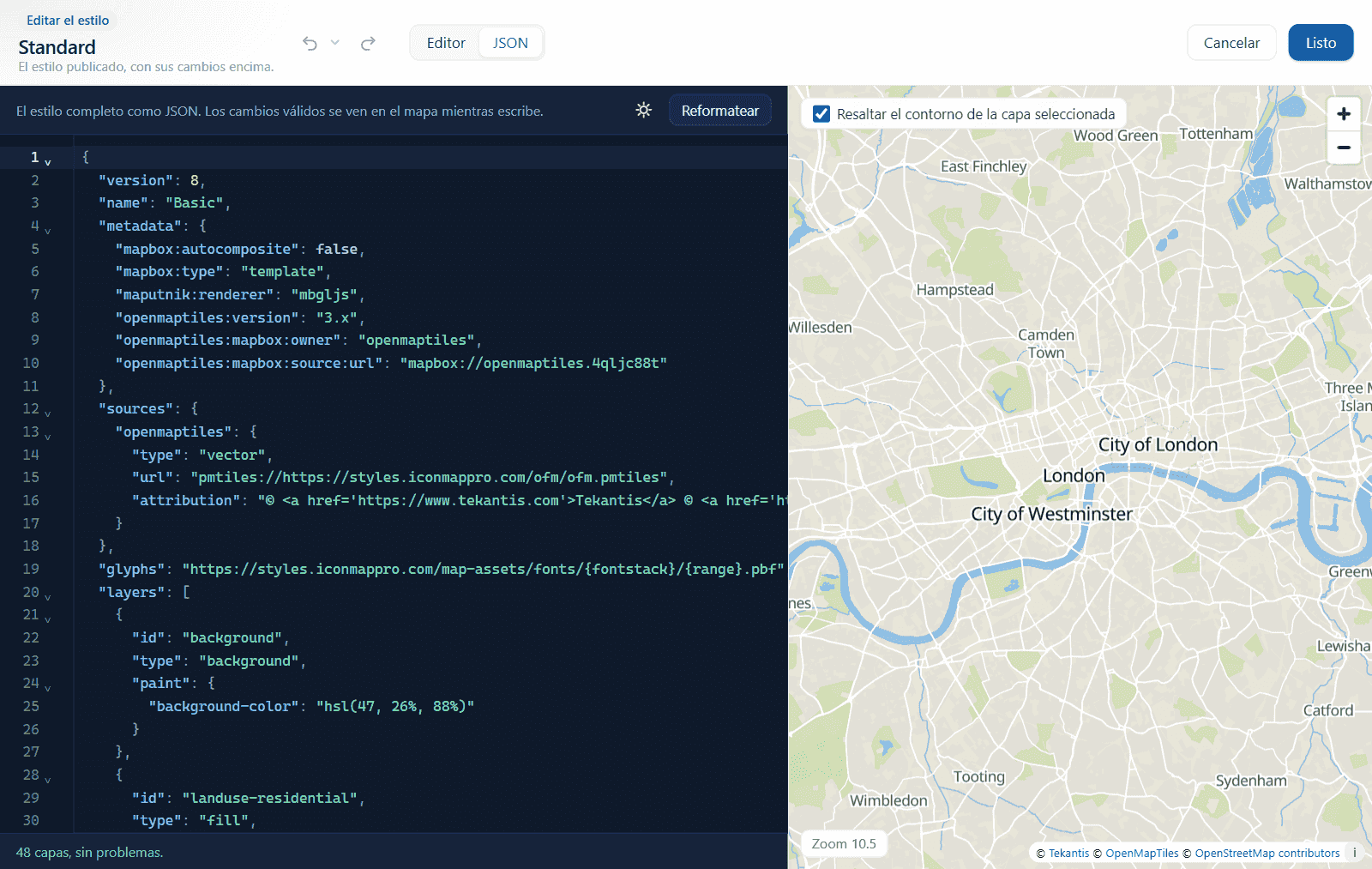 La vista JSON de un estilo con números de línea y la vista previa en directo al lado