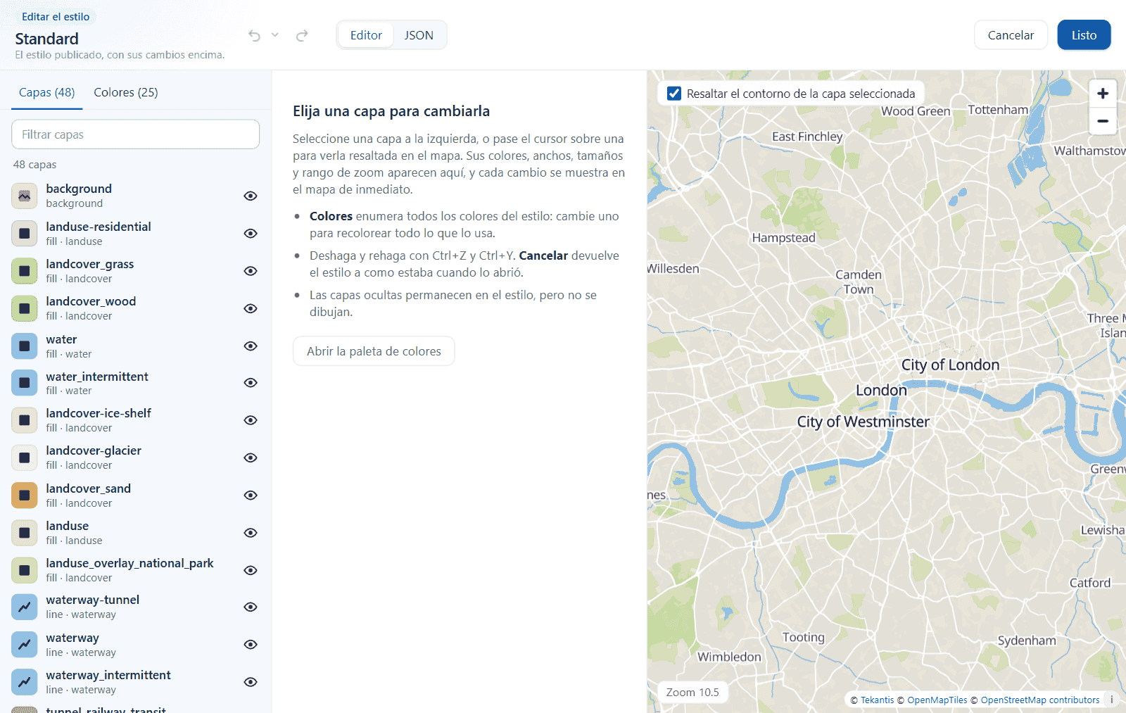 El editor de estilos: la lista de capas a la izquierda, las propiedades de la capa seleccionada en el centro y un mapa de vista previa en directo a la derecha