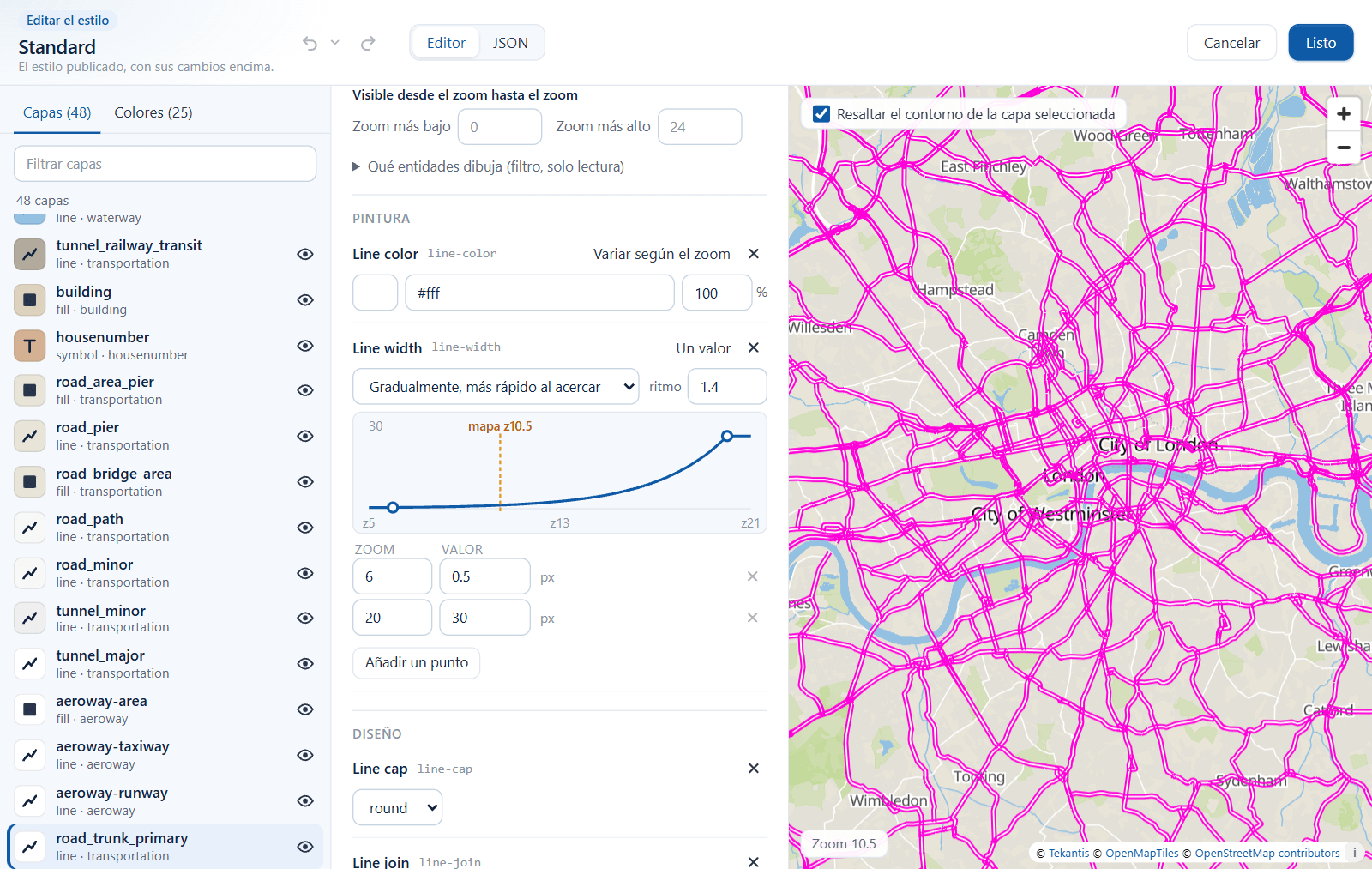 Una propiedad de ancho de línea que varía según el zoom, con una tabla de puntos y un gráfico