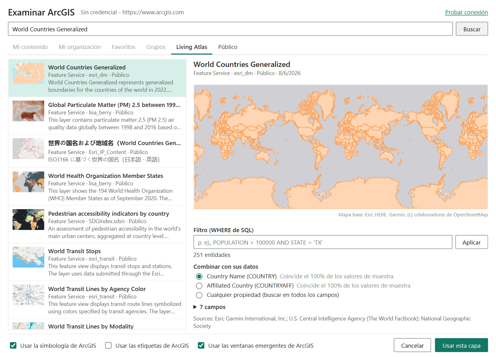 Examinar ArcGIS con la vista previa de una capa de entidades y la lista Combinar con sus datos, que muestra los porcentajes de coincidencia de cada campo