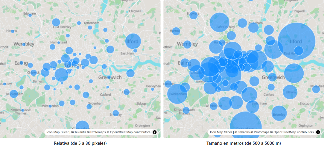 Los mismos círculos dibujados con tamaño relativo y con tamaño en metros