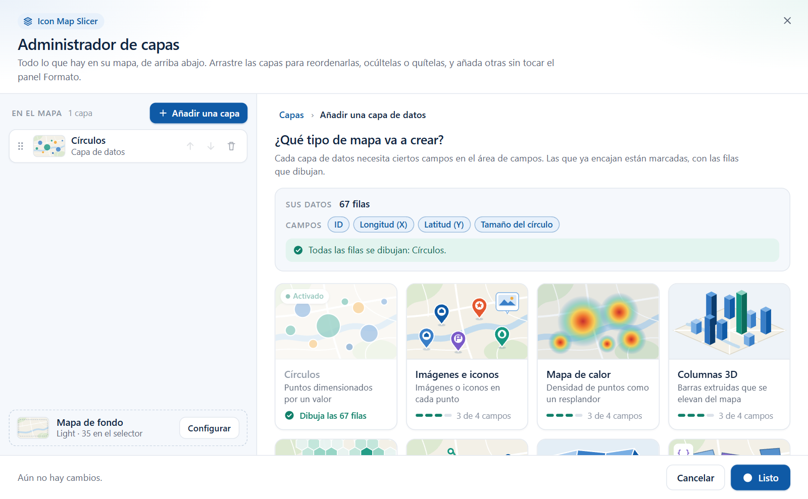 El selector de capas de datos del Administrador de capas, con un mosaico para cada tipo de capa