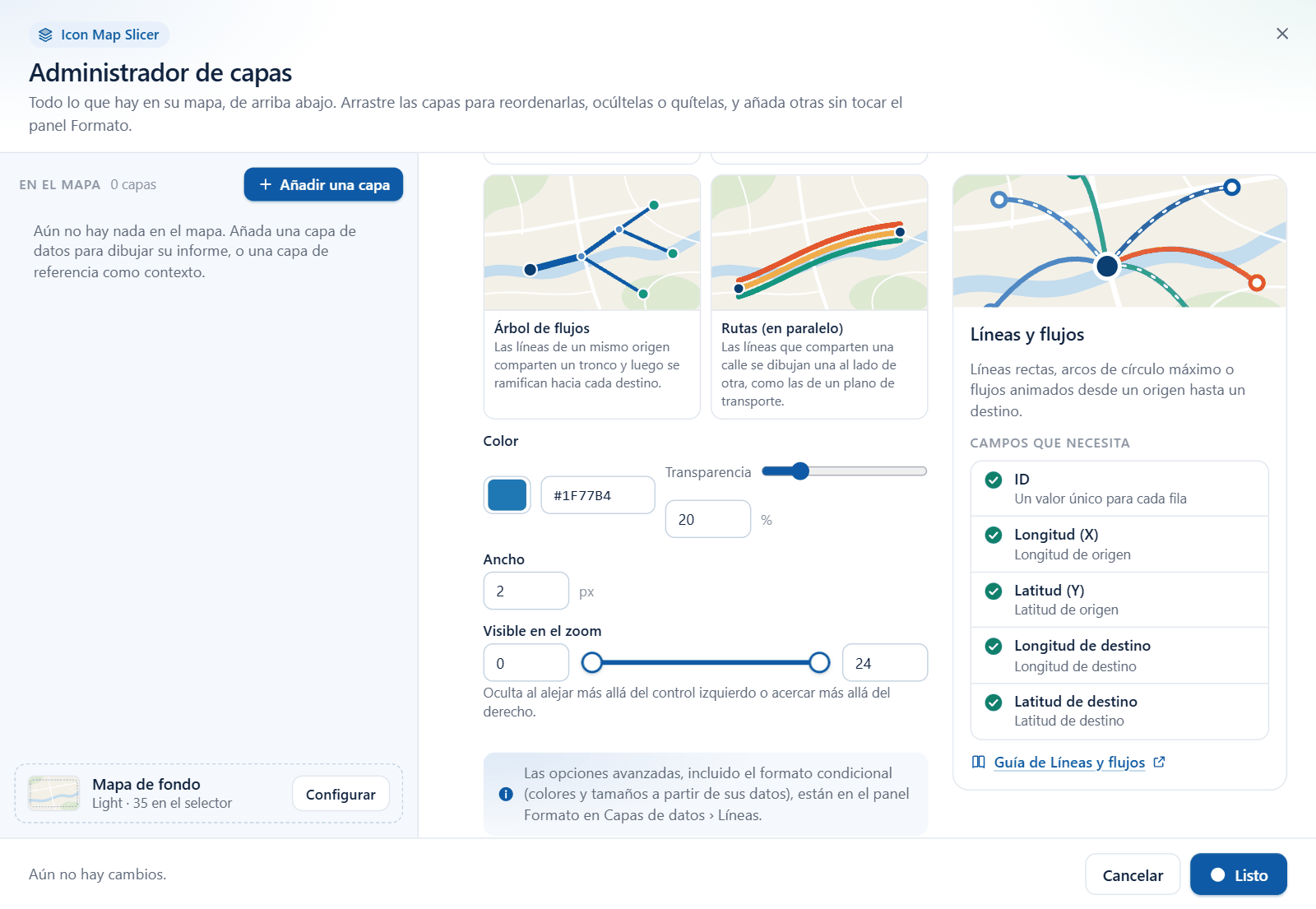 El asistente para añadir Líneas y flujos del Administrador de capas, con las opciones Color, Ancho y Visible en el zoom y la lista de campos que necesita la capa