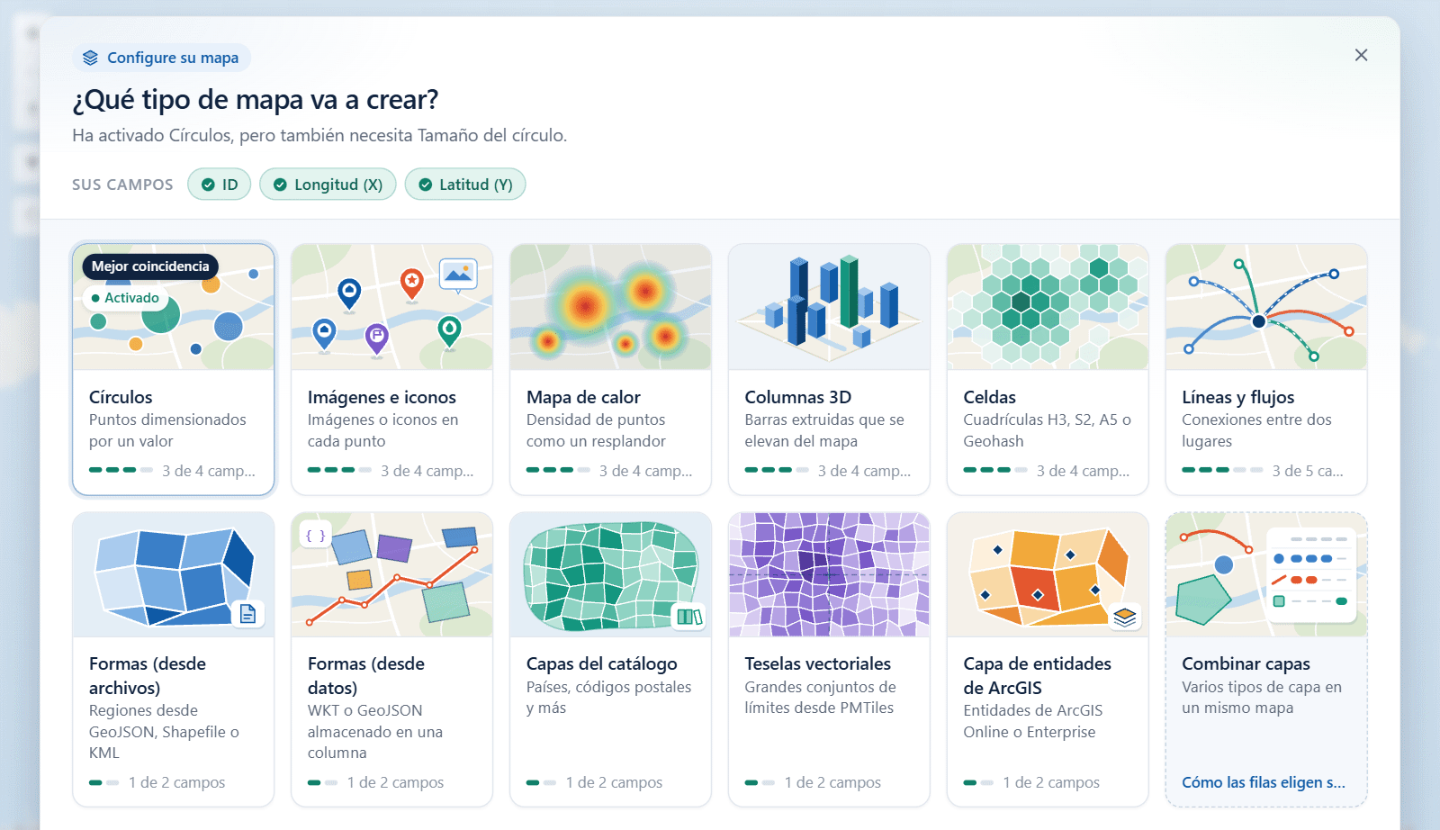 La guía de capas sobre el mapa, titulada ¿Qué tipo de mapa va a crear?, con un mosaico para cada tipo de capa