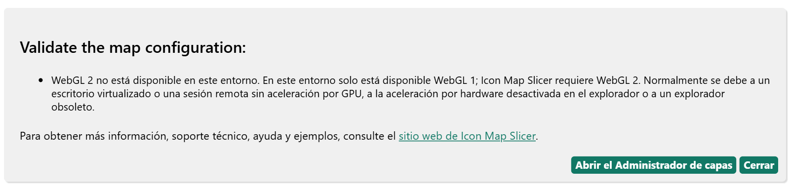 El mensaje que aparece en lugar del mapa cuando WebGL 2 no está disponible, con el motivo