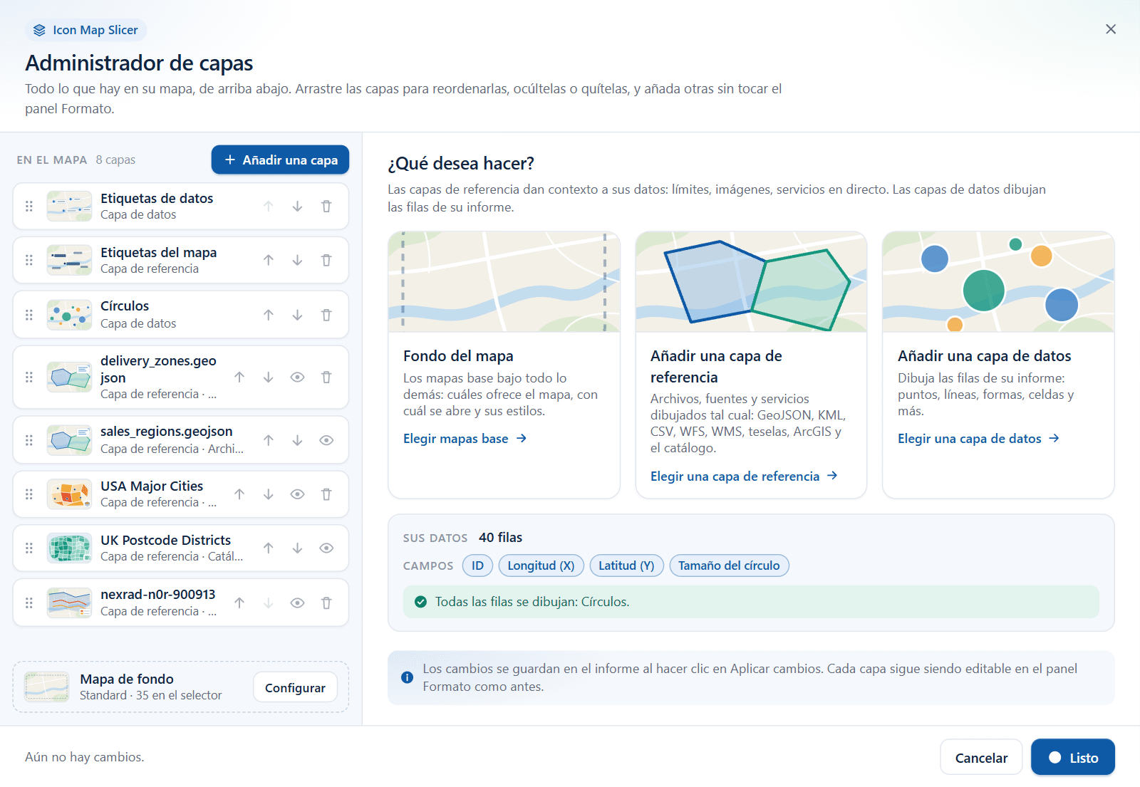 El cuadro de diálogo Administrador de capas con la lista de capas a la izquierda y la vista de inicio a la derecha